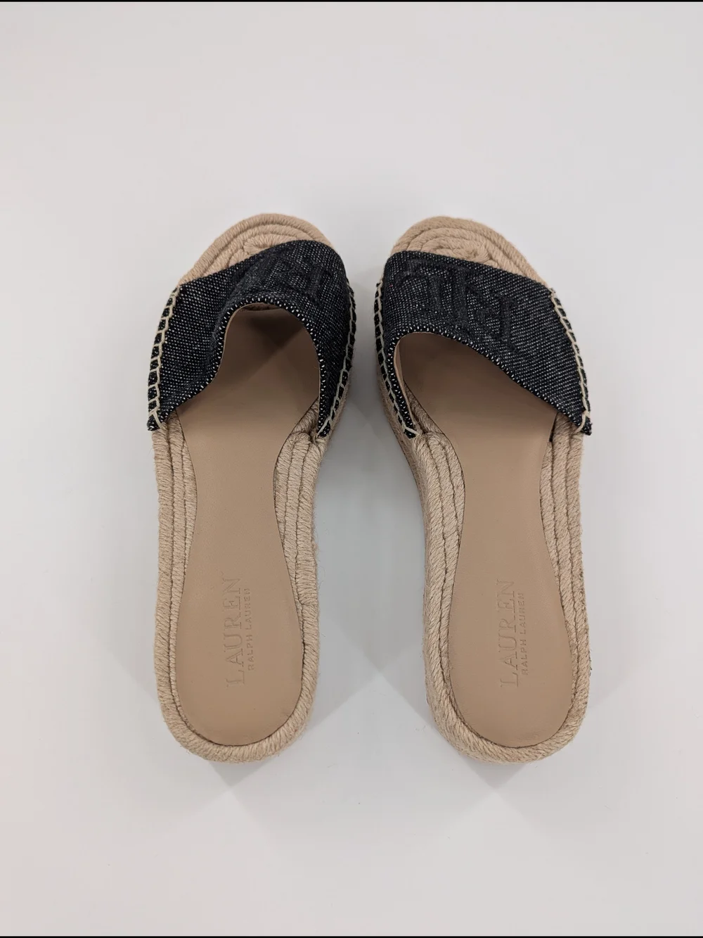 Ralph Lauren Polly Denim Espadrille Slides Blue Monogram Jute Platform Sandals 7